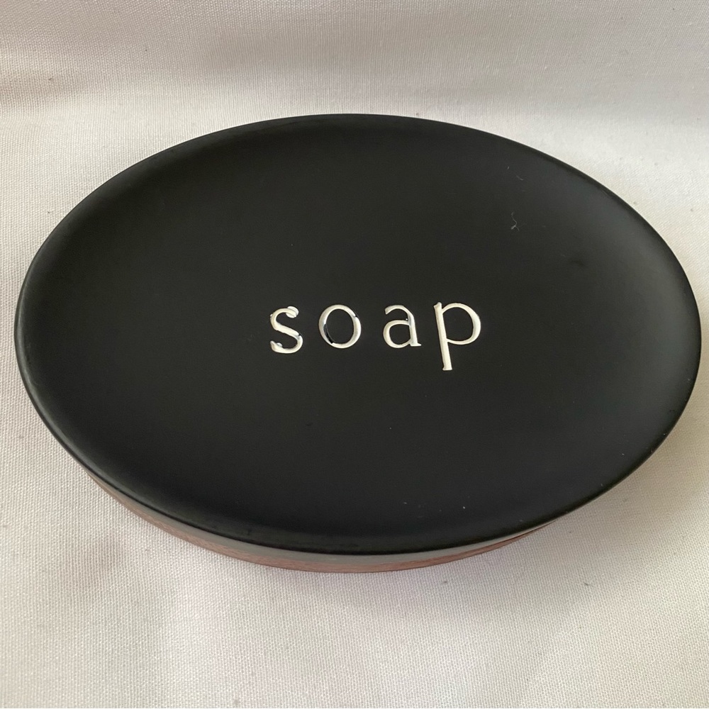 Home Focus Soap Dish Black Ceramic With Wood Base NWOT